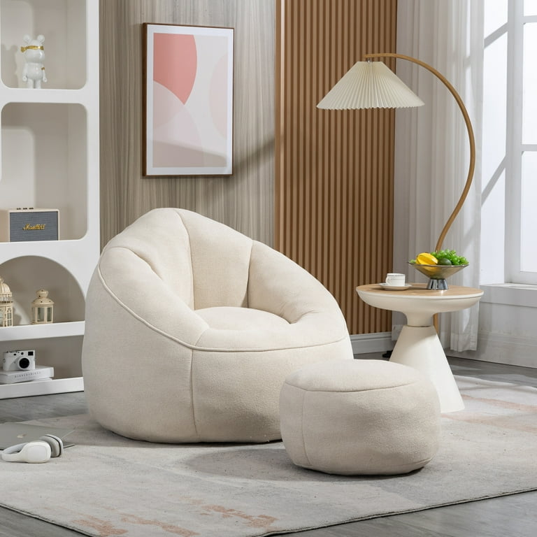 Bean Bag Chair with Footrest High Pressure Foam Bean Bag Chair for Teens Adults to Gaming Reading and Watching TV Beige