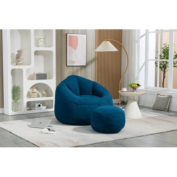 Bean Bag Chair with Ottoman, Small Puff Chair with High Pressure Foam, Single Lazy Sofa Bean Bag Sofa with Foot Stool for Living Room, Bedroom, Blue