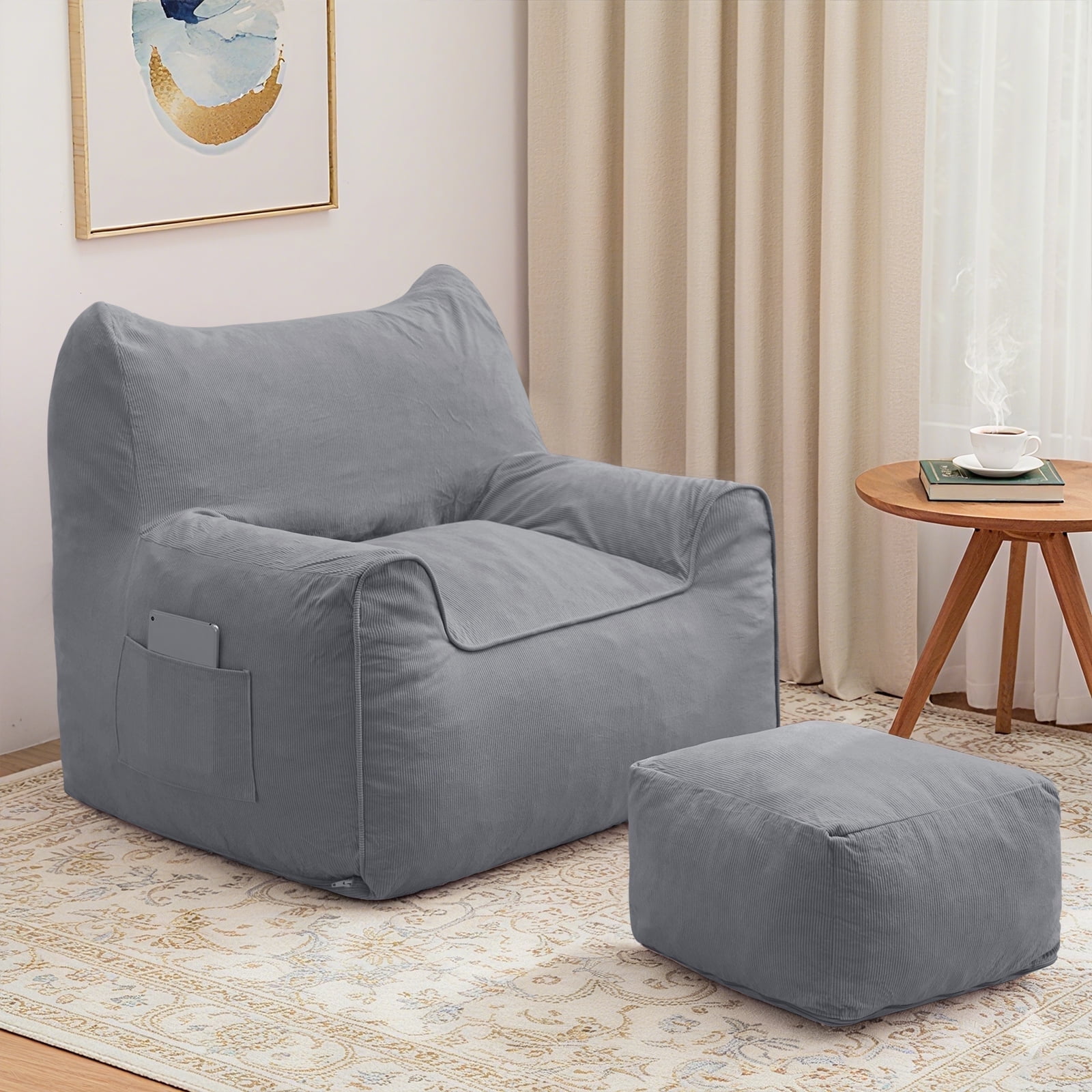 Bean Bag Chair with Ottoman Bean Bag with Footstool for Adults Teens, Bean Bag Sofa with Washable Cover, Pocket, Handle for Bedroom, Living Room, Gray