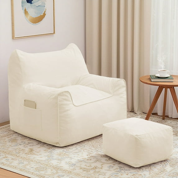 Bean Bag Chair with Ottoman Bean Bag with Footstool for Adults Teens, Bean Bag Sofa with Washable Cover, Pocket, Handle for Bedroom, Living Room, Beige