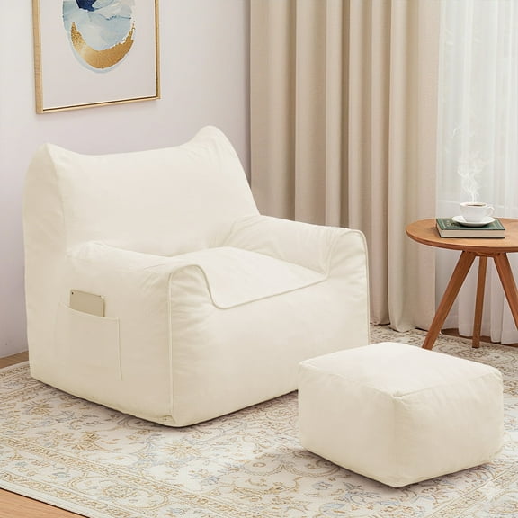 Bean Bag Chair with Ottoman Bean Bag with Footstool for Adults Teens, Bean Bag Sofa with Washable Cover, Pocket, Handle for Bedroom, Living Room, Beige