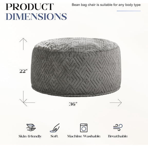 Bean Bag Chairs Adults Beanbag Chair with Filler Large Bean Bags with Fluffy Embossed Cover, Giant Bean Bag Chairs for Adults (Grey, 3FT - 36 x 36 x 22)