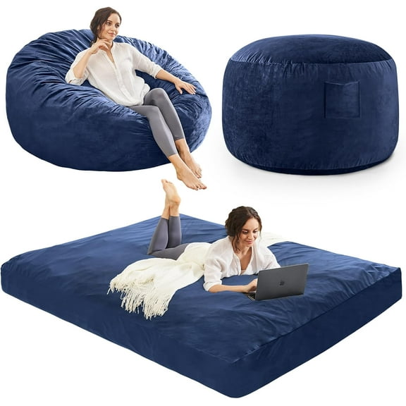 Bean Bag Chairs for Adults - Giant Bean Bag Chair Convertible Bean Bag Bed - Beanbag Chair with Micro Fiber Cover/Furniture Foam Filler - Floor Couch Sofa in Bedroom Dorm Room - Queen Navy Blue