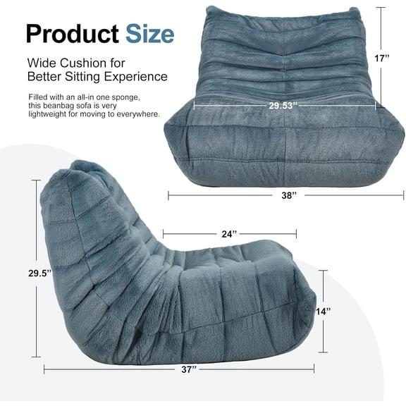 Bean Bag Chairs for Adults Giant Bean Bag Chair Memory Foam BeanBag Chair Big Bean Bag Sofa with Filler Faux Fur Fireside Beanbags Lazy Sofa for Living Room Bedroom Dorm Office (Bluegrey Plush)