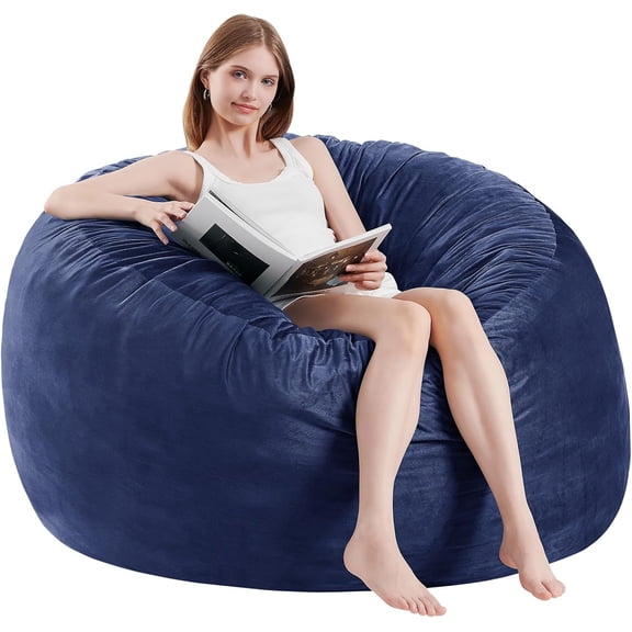 Bean Bag Chairs for Adults - Memory Foam Furniture BeanBag Chair - Kids/Teens Sofa with Soft Micro Fiber Cover - Round Fluffy Couch for Living Room Bedroom College Dorm - 5 ft, Navy