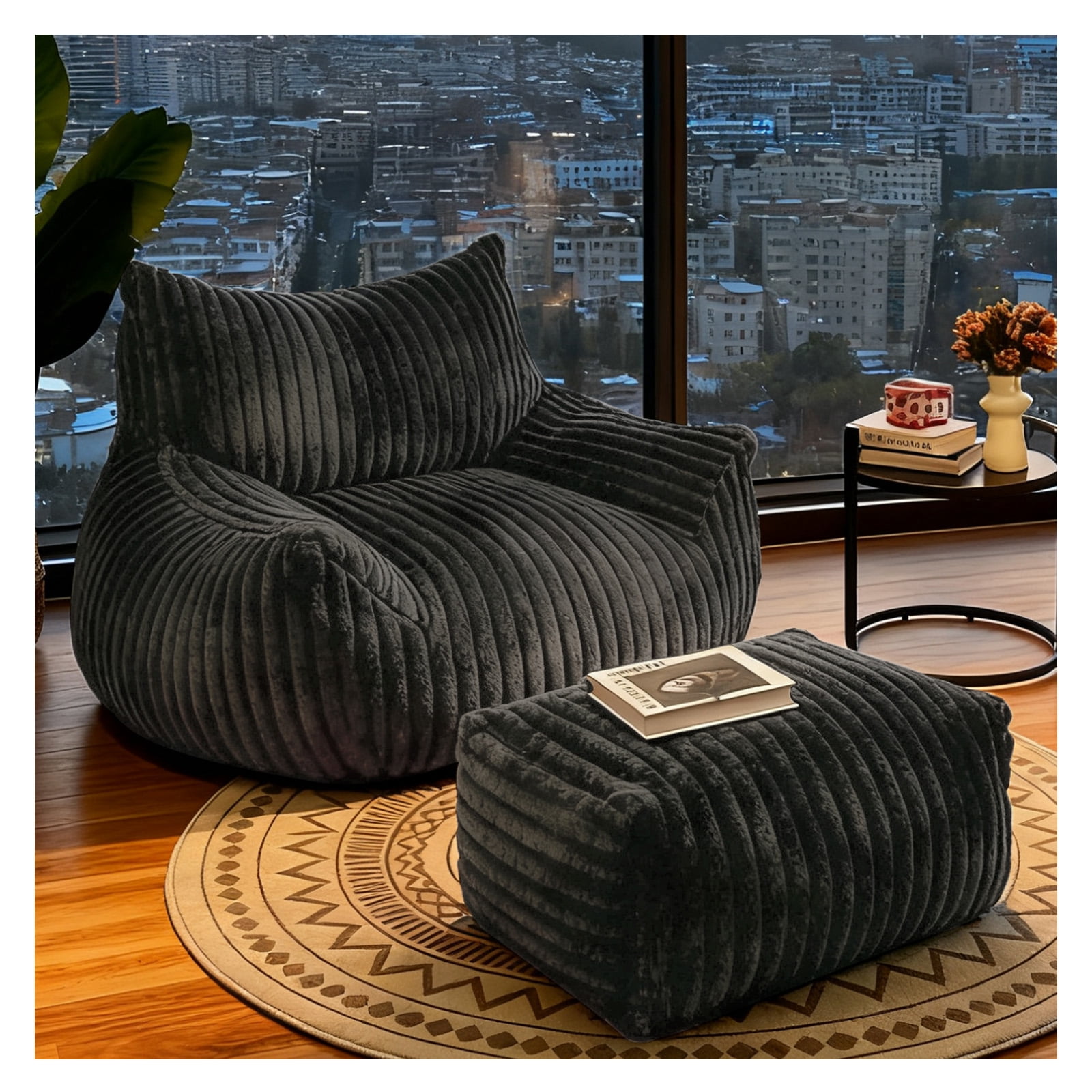 Bean Bag Chairs for Adults Teens with footrest, Cozy Fluffy Single Mini Couch,Large Bean Bag Sofa Chairs with Filling Comfy with Armrests for Reading,Living Room, Bedroom. (Black, with footrest)
