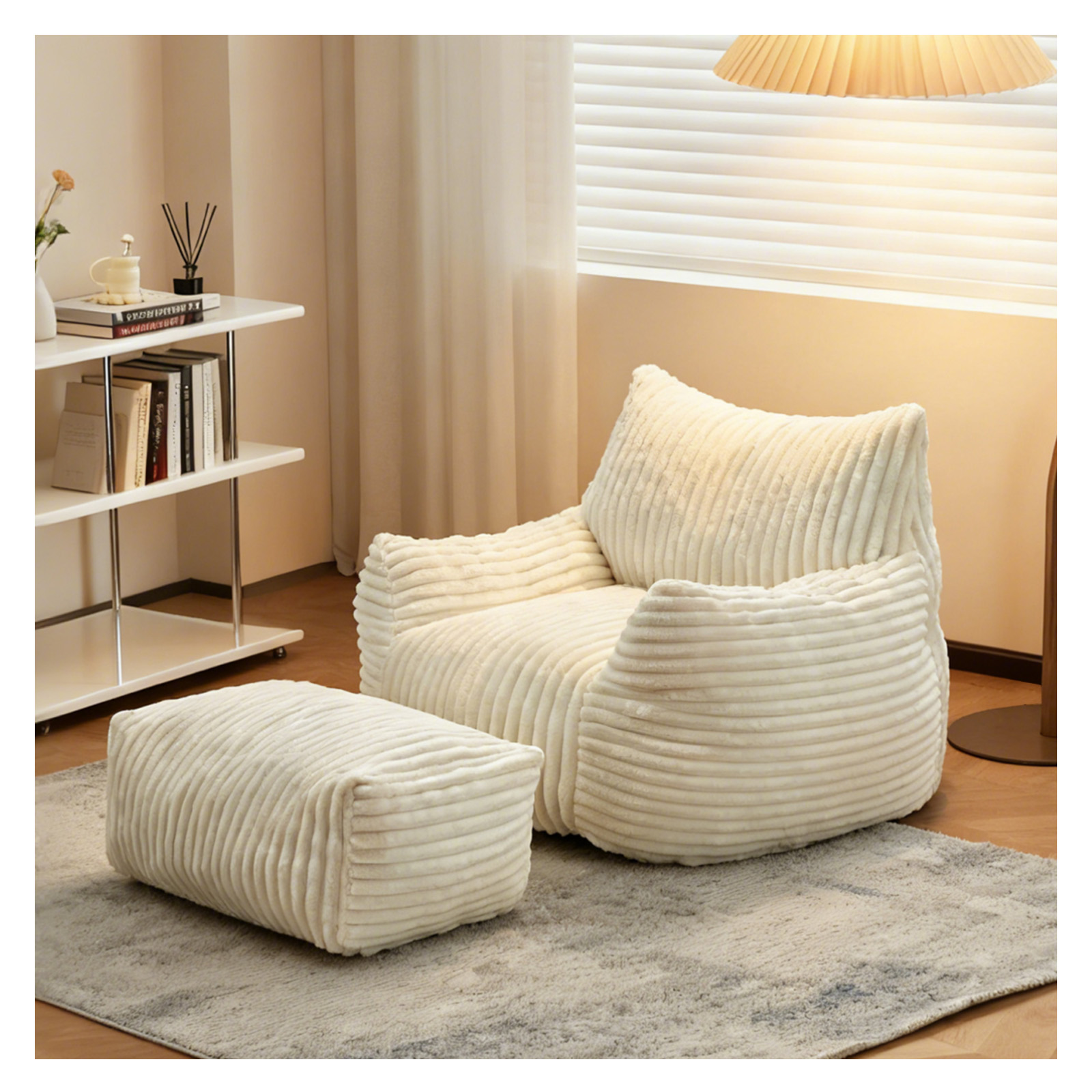 Bean Bag Chairs for Adults Teens with footrest, Cozy Fluffy Single Mini Couch,Large Bean Bag Sofa Chairs with Filling Comfy with Armrests for Reading,Living Room, Bedroom. (White, with footrest)