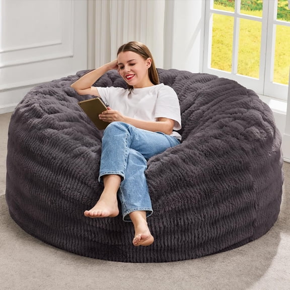Bean Bag Chairs Beanbag Chair with Filler Adult Bean Bags with Fluffy Ripple Cover, Giant Bean Bag Chairs for Adults (Dark Grey, 4FT - 44" x 44" x 24")