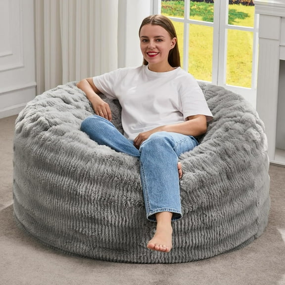 Bean Bag Chairs Beanbag Chair with Filler Adult Bean Bags with Fluffy Ripple Cover, Giant Bean Bag Chairs for Adults (Grey, 3FT - 36" x 36" x 22")