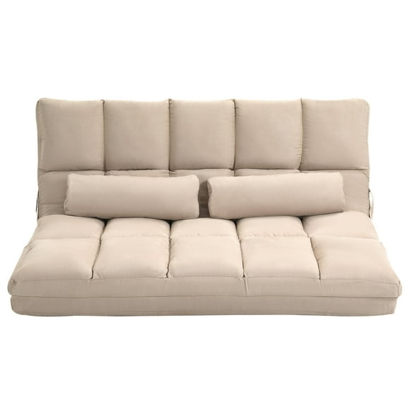 Bean Bag Chairs HOMCOM Convertible Floor Sofa Chair, Folding Couch Bed, Guest Chaise Lounge with 2 Pillows, Adjustable Backrest and Headrest, 51.25" L, Beige,Lazy Sofa Chairs