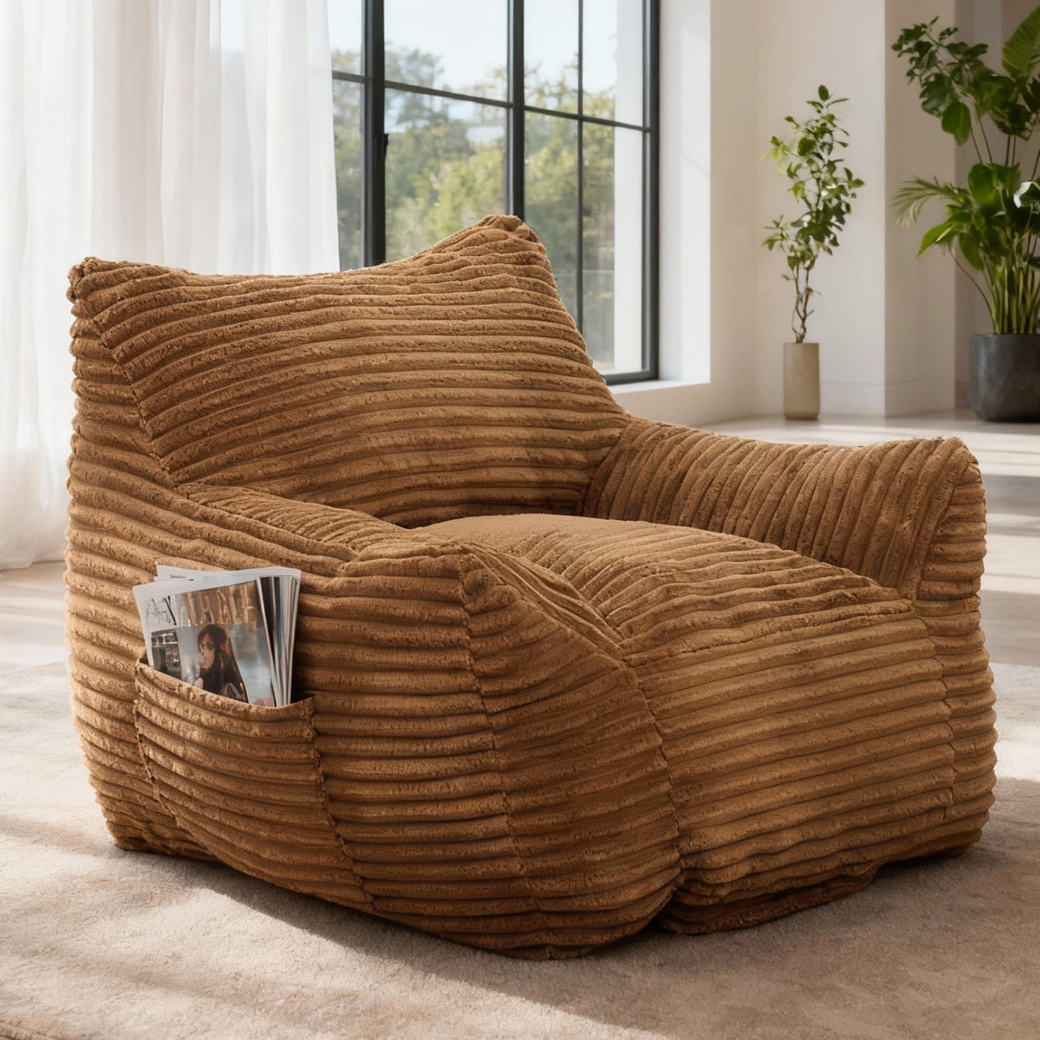 Bean Bag Chairs, Memory Foam Bean Bag Chairs for Adults, Living Room Lazy Sofa with Side Pocket for Bedroom & Dorm, Brown