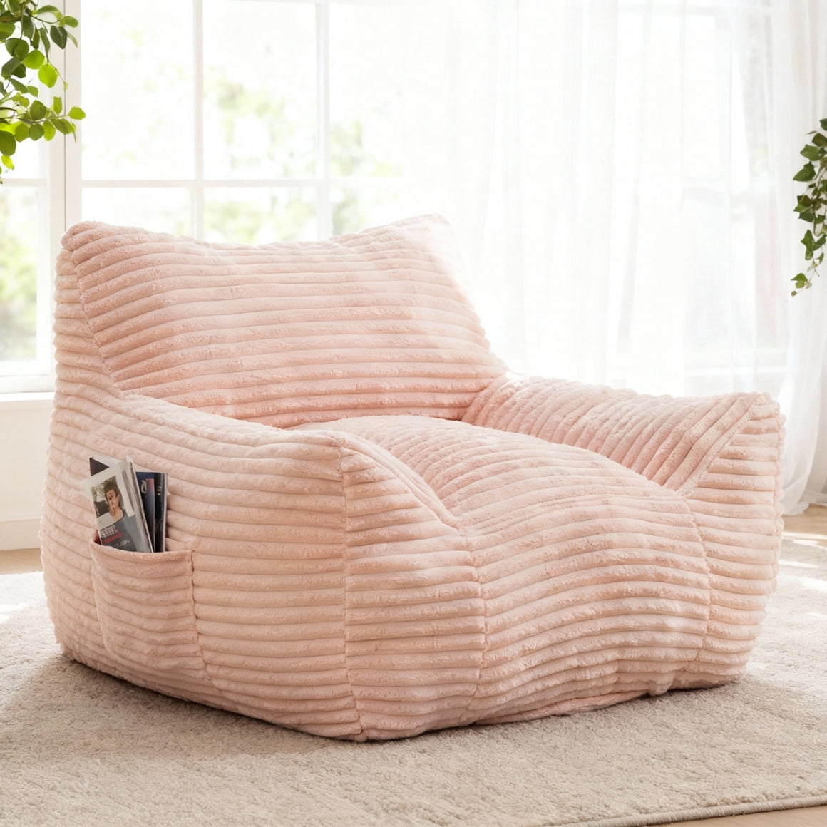 Bean Bag Chairs, Memory Foam Bean Bag Chairs for Adults, Living Room Lazy Sofa with Side Pocket for Bedroom & Dorm, Pink