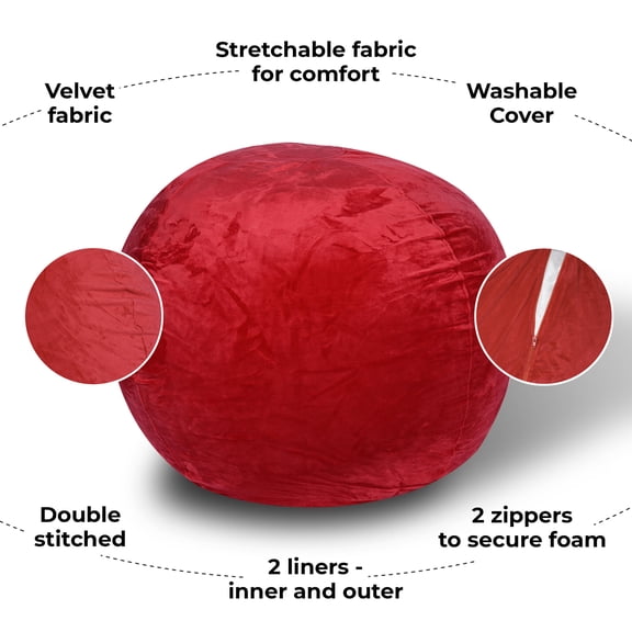 Bean Bag Chairs Minky Velvet Bean Bag Chair, Red-3ft Plush Floor Chair for Kids and Adults w/ Washable Cover, Lounge Chair with Stretchable Fabric, Comfy Bedroom Chair, Filled with Shredded and Memor