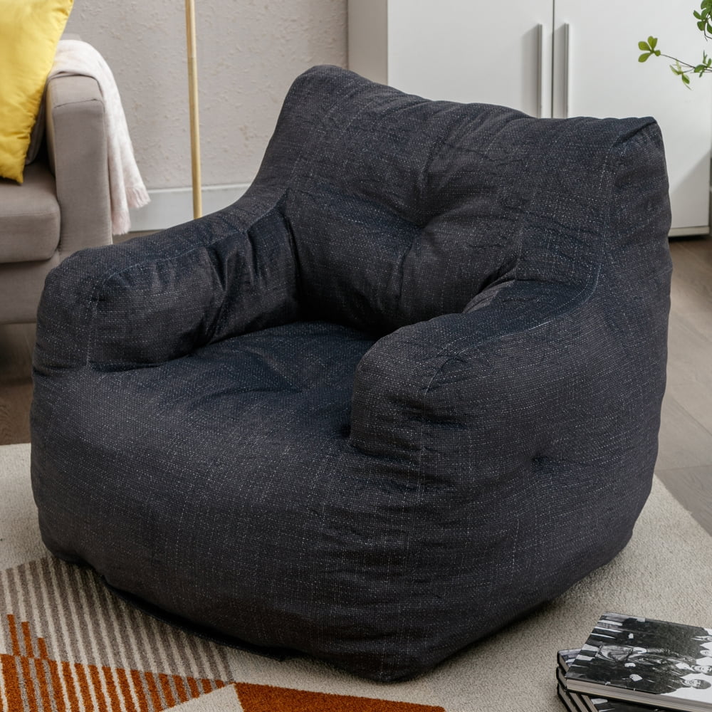Bean Bag Chairs Soft Tufted Foam Bean Bag Chair with Cotton Linen Fabric Comfy Lazy Sofa Fluffy Lazy Sofa Chair with Armrest and Memory Sponge for Living Room Bedroom Dark Gray