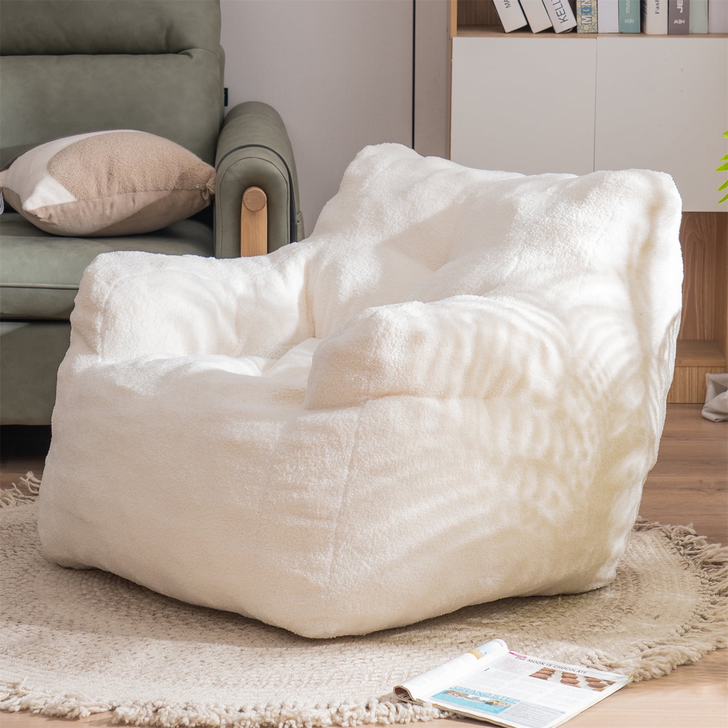 Bean Bag Chairs, Tufted Soft Stuffed Bean Bag Chair with Foam Filling,  Fluffy Lazy Sofa, Faux Fur Bean Bag Chair for Bedroom, Living Room,Ivory 