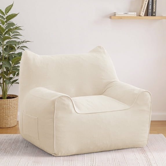 Lusimo Bean Bag Chair for Adults Teens, 3FT Lazy Memory Foam Bean Bag Sofa for Bedrooms, Cat-Ear Design Couch with Corduroy Washable Cover , Lounge Chairs with Pocket for Gaming, Reading, Beige