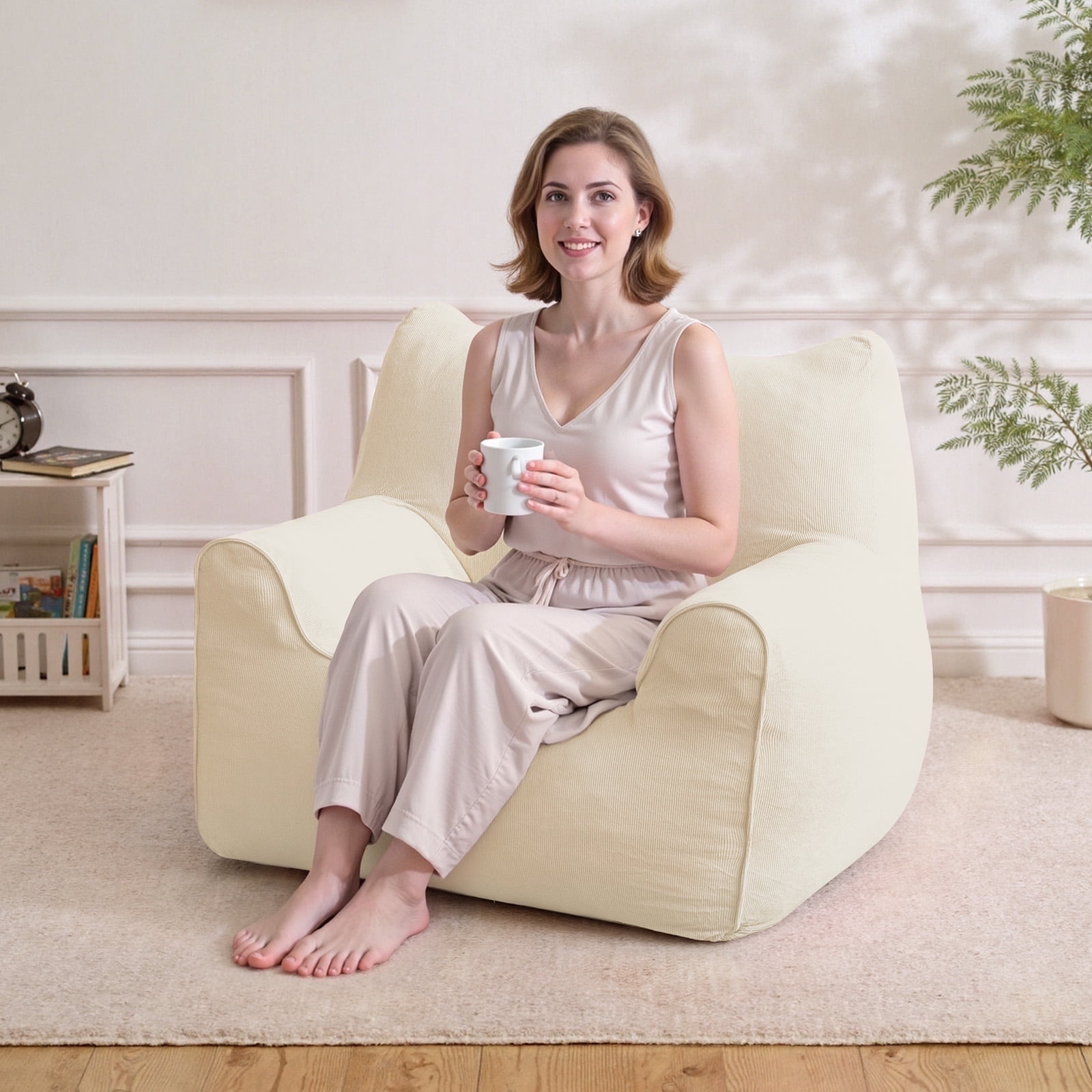 Lusimo Bean Bag Chair for Adults Teens, 3FT Lazy Memory Foam Bean Bag Sofa for Bedrooms, Cat-Ear Design Couch with Corduroy Washable Cover, Lounge Chairs with Pocket for Gaming, Reading, Beige