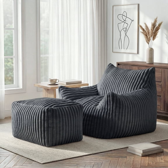 Bean Bag Chaise Lounge Chair with Ottoman, Oversized Giant Floor Sofa for Adults with Armrests, Gray Plush Beanbag Accent Chair for Reading Gaming, Cloud Couch Indoor,Gray