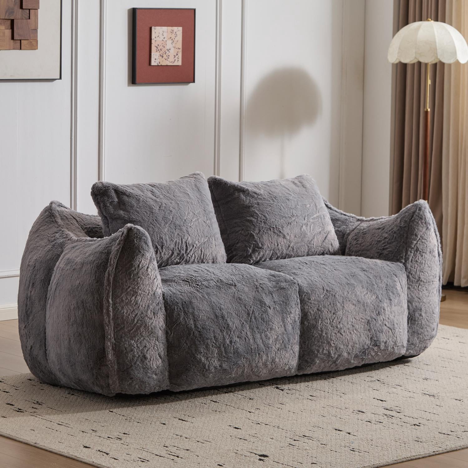 Bean Bag Couch, Loveseat, Floor Sofa&nbsp;Giant Fluffy Faux Fur with 2 Pillows, Grey Oversized Chair, High-Resilience Shredded Foam, 650 Lbs Capacity for Living Room, Bedroom, Dorm