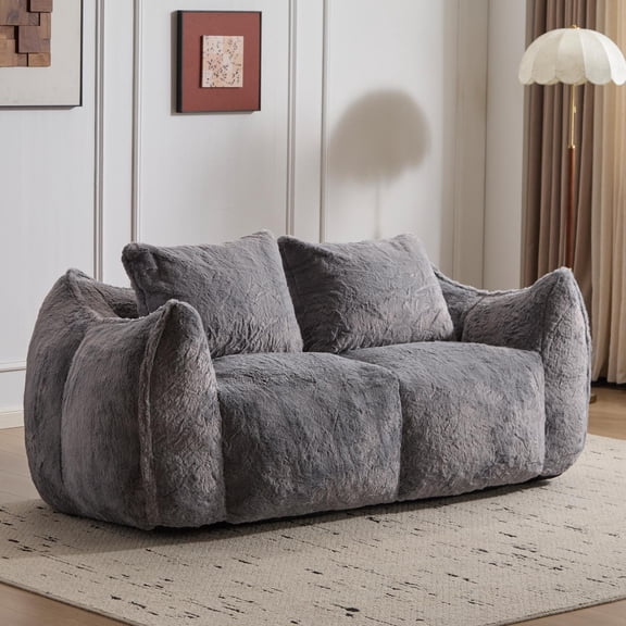 Bean Bag Couch, Loveseat, Floor SofaGiant Fluffy Faux Fur with 2 Pillows, Grey Oversized Chair, High-Resilience Shredded Foam, 650 Lbs Capacity for Living Room, Bedroom, Dorm
