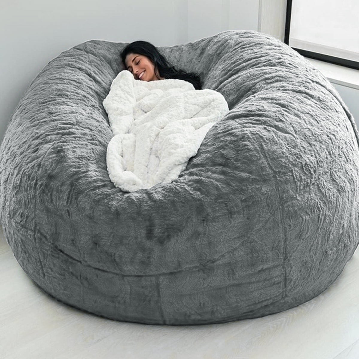  ZGLCQSGY Bean Bag Cover,7ft Giant Bean Bag Cover Big Bean Bag  Storage Chair Bean Bag Sofa Chair Soft Fluffy Fur Portable Living Room Sofa  Bed Cover No Filler (Dark Grey) 