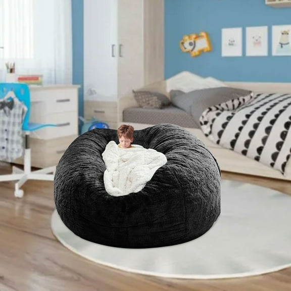 Bean Bag Cover Comfy Beanbag Chair for Adults Without Filler Faux Fur Floor Chair Lazy Sofa Cover Comfy for Living Room Bedroom Office Home Decoration, Black, 54x26in