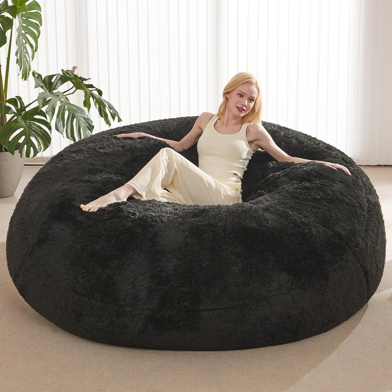 Bean Bag Cover (No Filler), Faux Fur Beanbag Chairs Covers Only, Stuffed Animal Storage Bean Bag, Giant Washable Beanbag Cover Without Filling, 6FT, Black