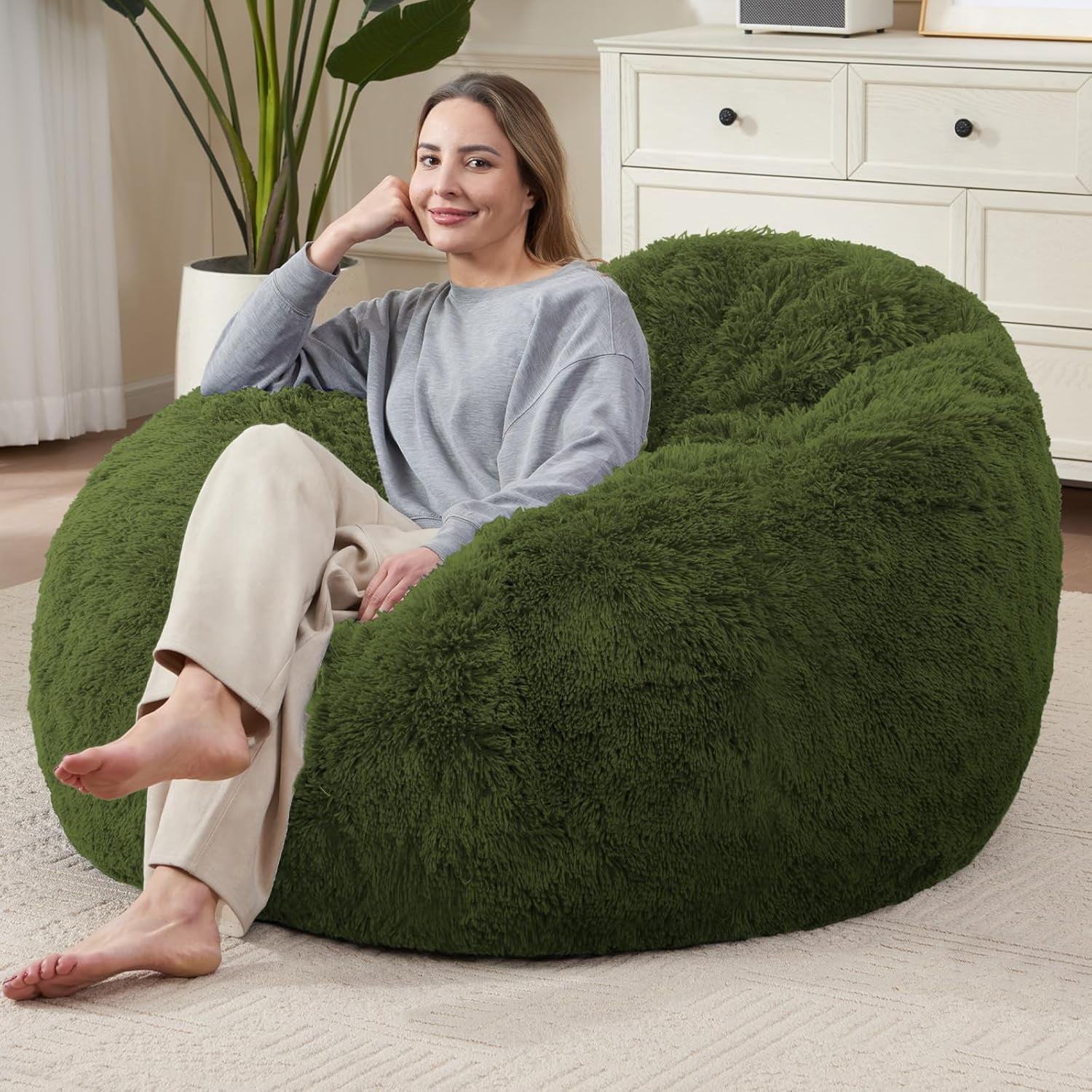 Bean Bag Cover (No Filler), Soft Faux Fur Stuffed Animal Bean Bag Storage, Fluffy Plush Bean Bag Chair Cover Washable, Comfy Bean Bag Covers for Adults Kids Teens, 38"x40" Dark Green