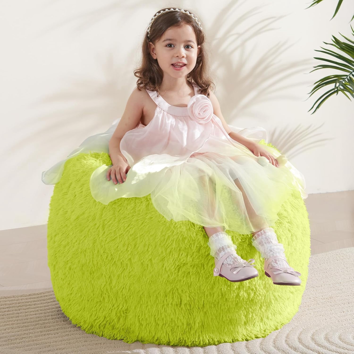 Bean Bag Cover (No Filler), Stuffed Animal Storage Bean Bag Covers for Kids, Soft Faux Fur Washable Cover with Pocket Handle, Comfy Fluffy Beanbag for Organizing Plush Toys, 27"x21" Grass Green