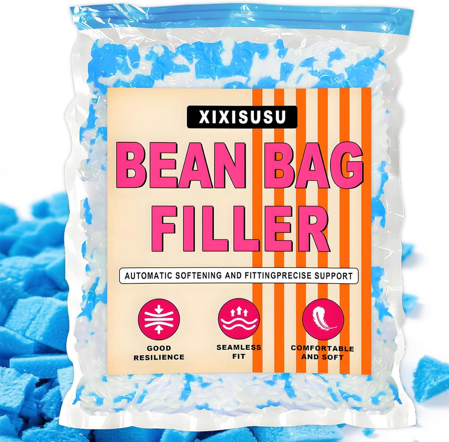 Bean Bag Filler Refill - 1LB Premium White Shredded Memory Foam Stuffing | Compatible with Bean Bag Chairs | Soft, Supportive & Odor-Free Filling for Dolls, Pet Beds and Pillows (Blue & White)