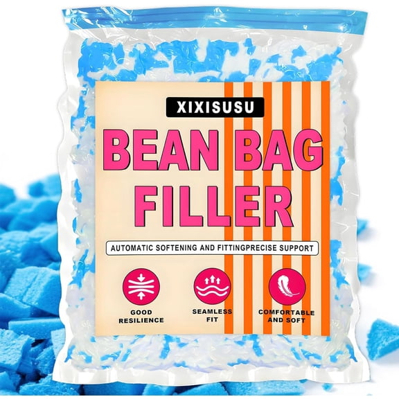 Bean Bag Filler Refill - 1LB Premium White Shredded Memory Foam Stuffing | Compatible with Bean Bag Chairs | Soft, Supportive & Odor-Free Filling for Dolls, Pet Beds and Pillows (Blue & White)