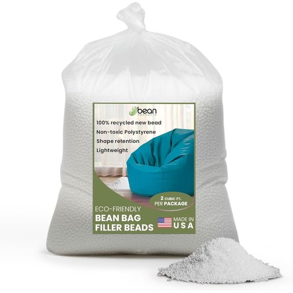 Bean Bag Refill Beads - 100% Recycled New Polystyrene Filler Beads for Lasting Support - Poly Fill Beans - Versatile Filling for DIY Projects - Made in USA - 2 Cubic ft.