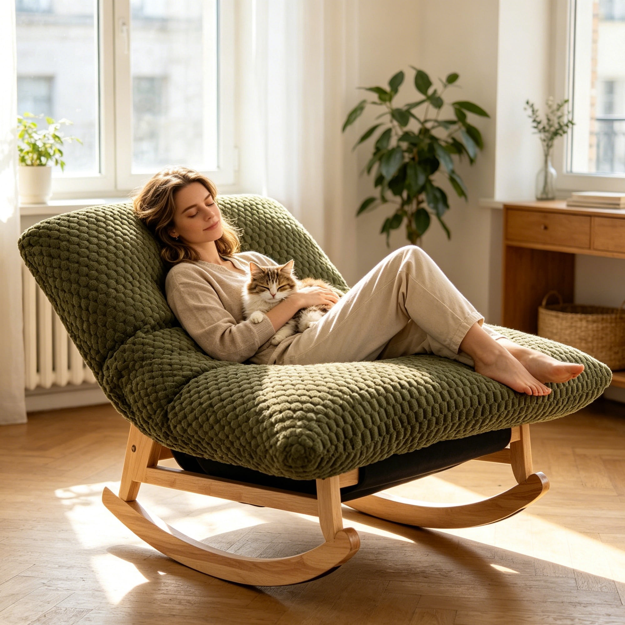 Bean Bag Rocking Chair with Solid Wood Frame and Corduroy Fabric, Accent Lazy Sofa and Single Lounge Chair for Living Room Bedroom, Antique Green