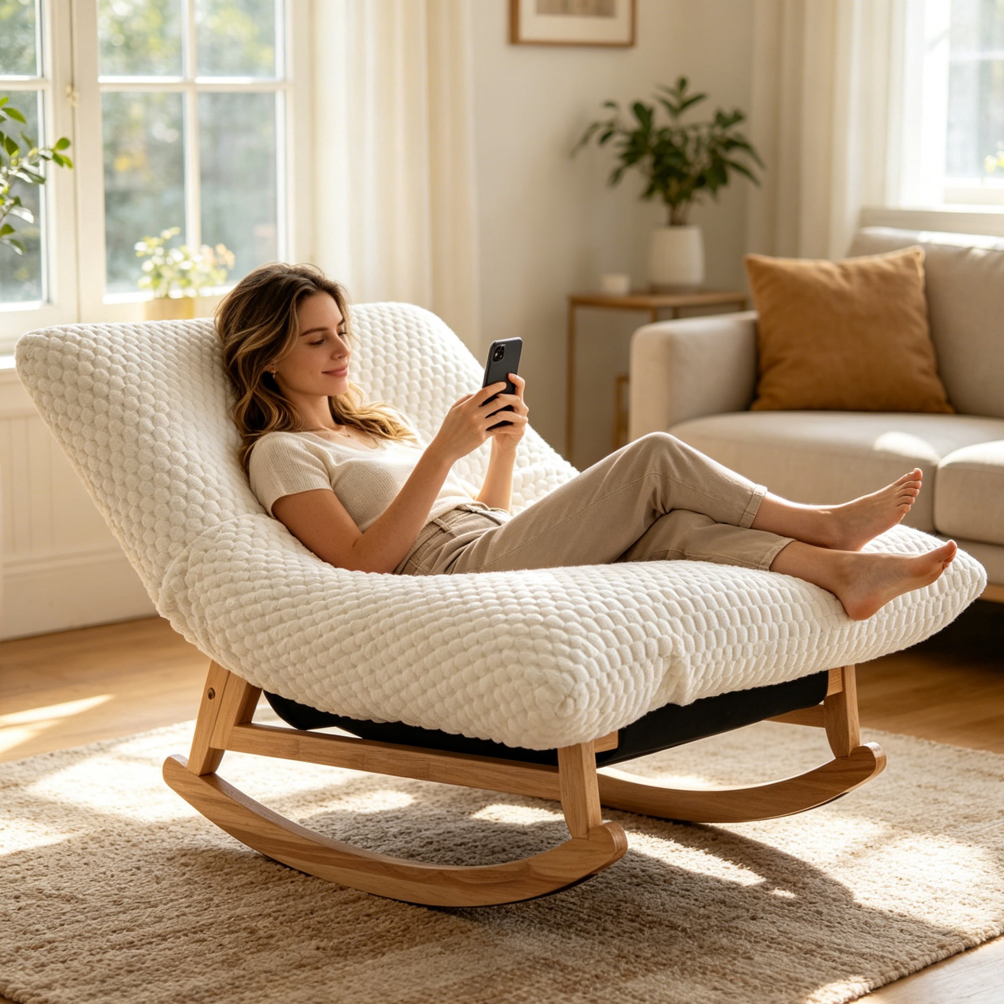 Bean Bag Rocking Chair with Solid Wood Frame and Corduroy Fabric, Accent Lazy Sofa and Single Lounge Chair for Living Room Bedroom, Antique White