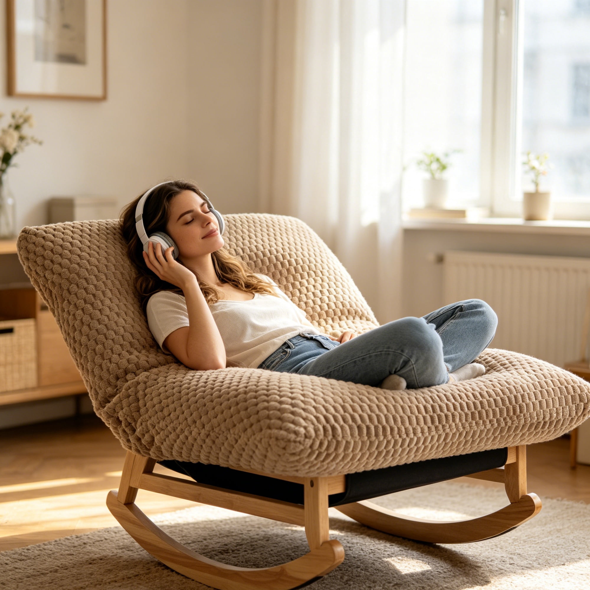 Bean Bag Rocking Chair with Solid Wood Frame and Corduroy Fabric, Accent Lazy Sofa and Single Lounge Chair for Living Room Bedroom, Khaki