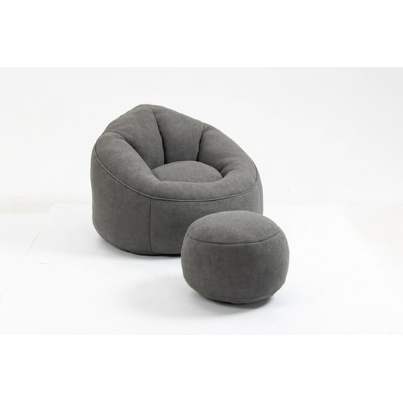 Bean Bag Sofa Chair with Round Footrest for Adults & Teens, High Pressure Memory Foam Filled Floor Sofa for Living Room, Bedroom & College Dorm, Grey