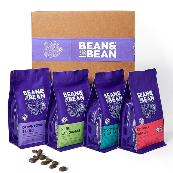 Bean & Bean Around the World Coffee Gift Set  4 Coffee Samplers  Organic, Fair Trade, Includes Single Origin Coffee Gift Basket  Medium Roast Coffee from Around the World, Whole Bean, 4 x 4oz