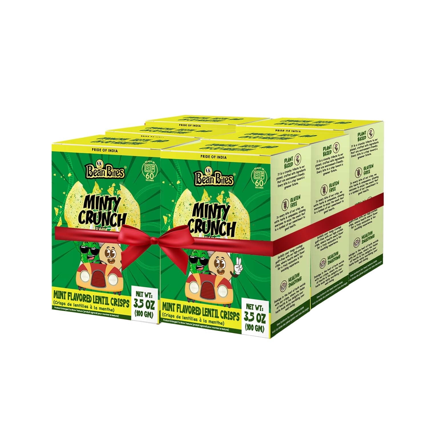 Bean Bites | Minty Crunch Lentil Crisp 3.53 oz (100 g) PACK OF 6 | Round Crunchy Crisps | Heat in Oven (up to 60 secs), Plant Based Protein, Vegan Crisps, Healthy Poppadom Snack By Pride of India