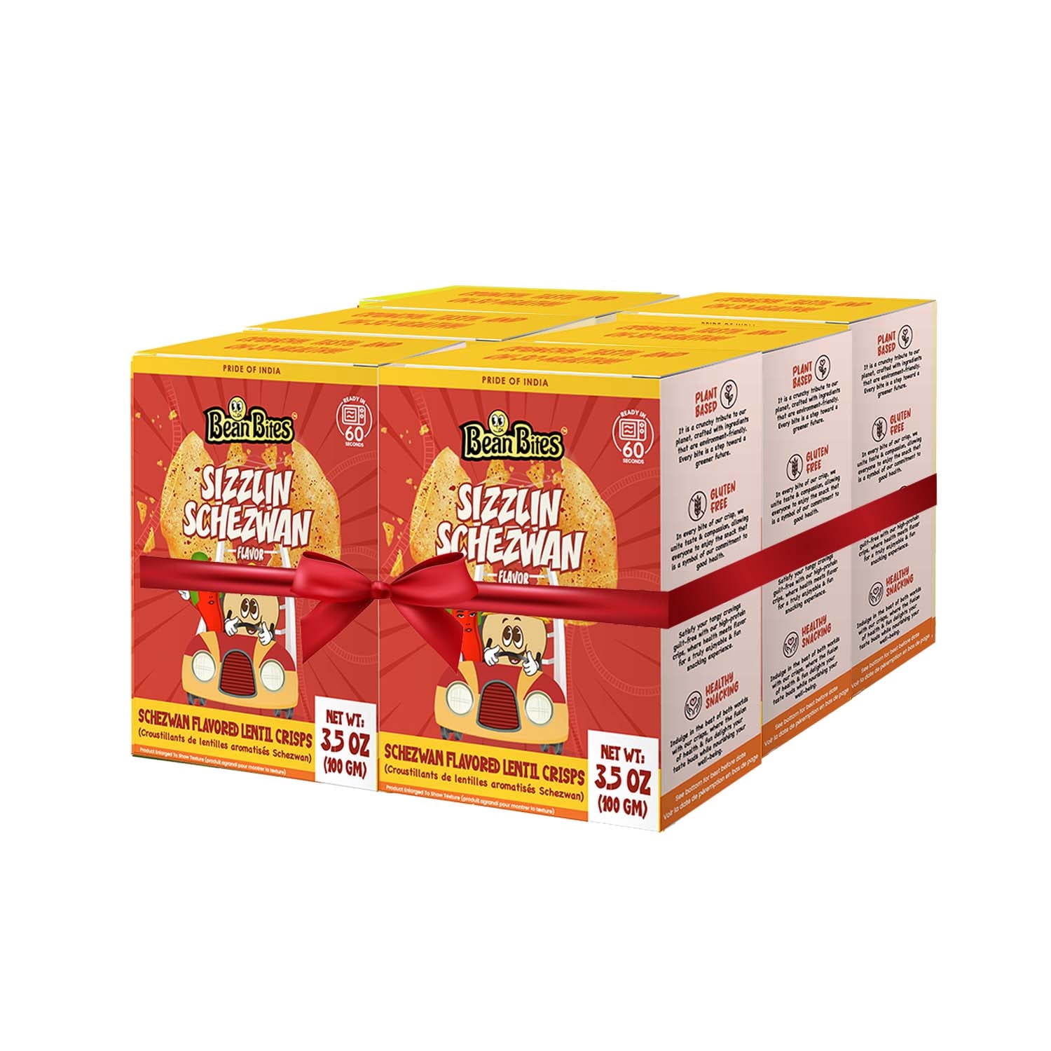 Bean Bites | Sizzlin Schezwan Lentil Crisp 3.53 oz (100 g) PACK OF 6 | Round Crunchy Crisps | Heat in Oven (up to 60 secs), Plant Based Protein, Vegan Crisps, Healthy Poppadom Snack By Pride of India