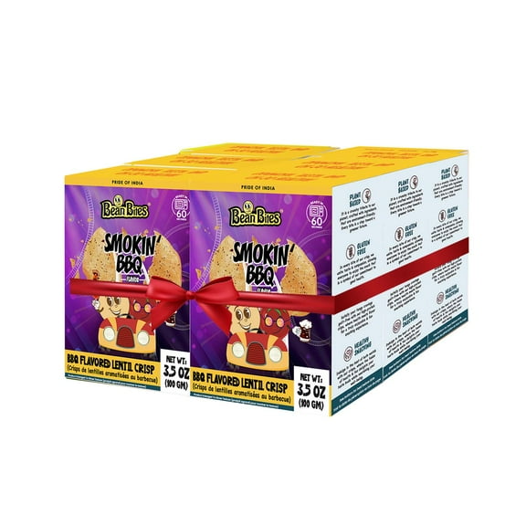 Bean Bites | Smokin BBQ Lentil Crisp 3.53 oz (100 g) PACK OF 6 | Round Crunchy Crisps| Heat in Oven (up to 60 secs), Plant Based Protein, Vegan Crisps, Healthy Poppadom Snack By Pride of India