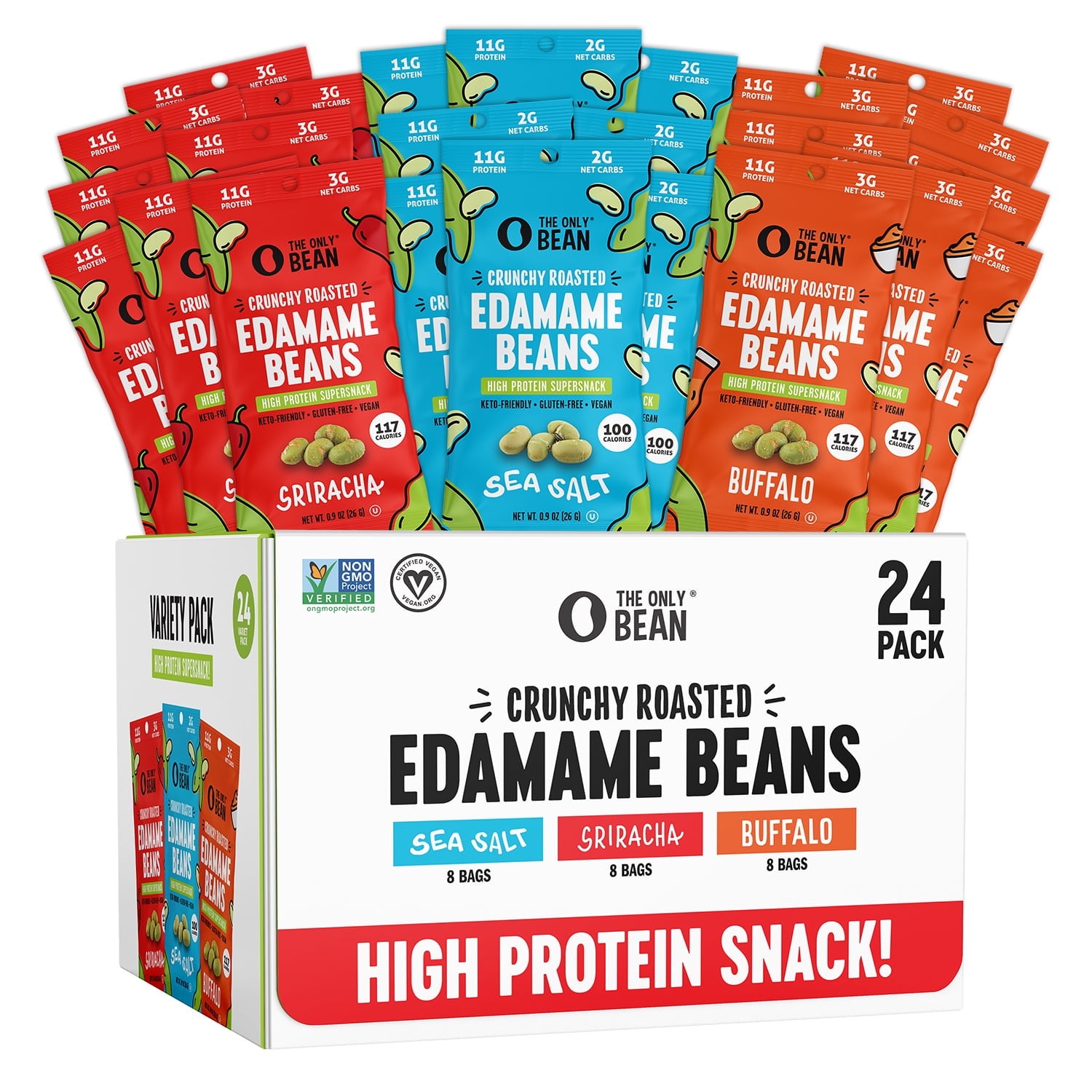 Walmart Deals of The Only Bean Crunchy Roasted Edamame - Healthy Snacks for Adults and Kids (Variety Pack), Low Carb Keto Snack Food, Vegan Gluten Free High Protein Snacks (11g), Office Snack, 0.9oz 24 pack