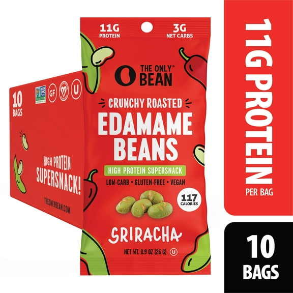 The Only Bean Crunchy Roasted Edamame Snacks (Sriracha), Protein Keto Snacks, Vegan, Gluten-Free Snacks, Healthy Snacks for Adults and Kids, 100 Calorie Snack Pack, 0.9 Ounce (Pack of 10)