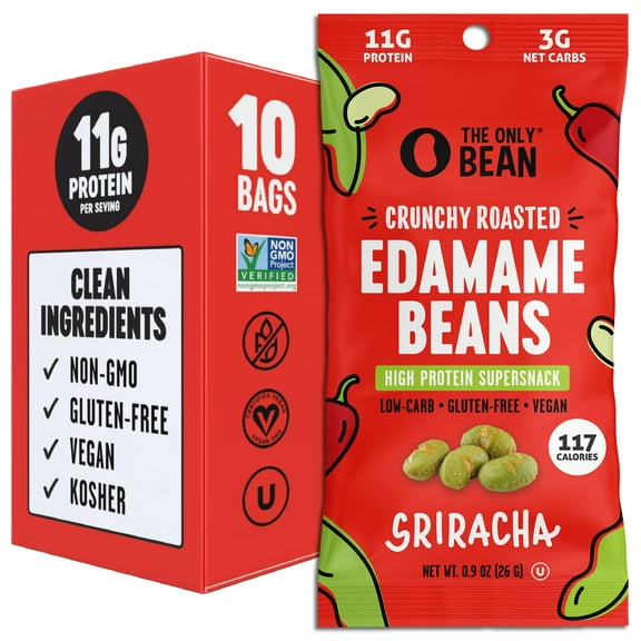 The Only Bean Crunchy AIF9 Roasted Edamame Snacks Pack (Sriracha), Protein Keto Food, Gluten Free, Asian Japanese Snacks, Hot Spicy Snack, 0.9oz 10 Pack
