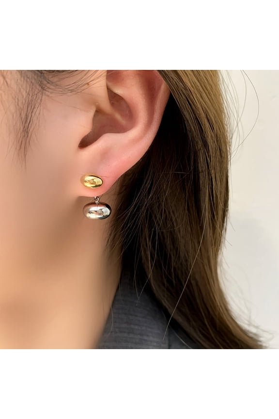 Gold Silver Double Bean Drop Earrings for Women Front and Back with S925 Silver Pin
