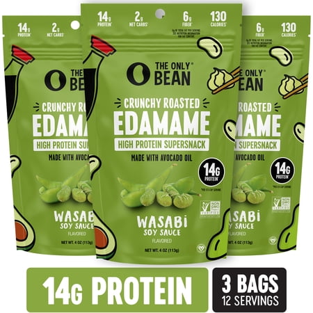 Only Snacks Edamame Dry Roasted Edamame Beans Snack (Wasabi Soy Sauce), Wasabi Peas Alternative, Asian Japanese Snacks, Healthy High Protein Snacks, Low Carb, Gluten Free, 4oz (Pack of 3)