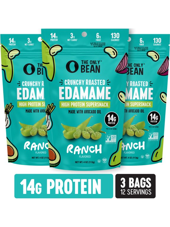 The Only Bean Edamame Dry Roasted Low Carb Snacks (Ranch), Vegan Gluten Free Snacks, Healthy Snacks for Kids and Adults, High Protein Snacks, Keto Snacks, Diabetic Snacks, 4oz Pack of 3