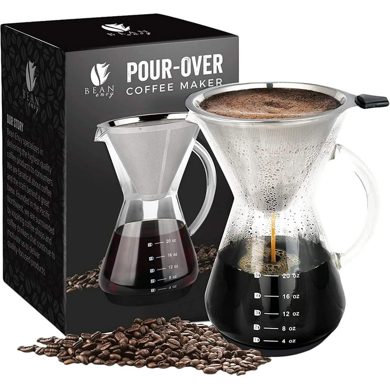 Bean Envy Pour Over Coffee Maker - 20 - oz Borosilicate Glass Carafe - Rust Resistant Stainless Steel Paperless Filter/Dripper