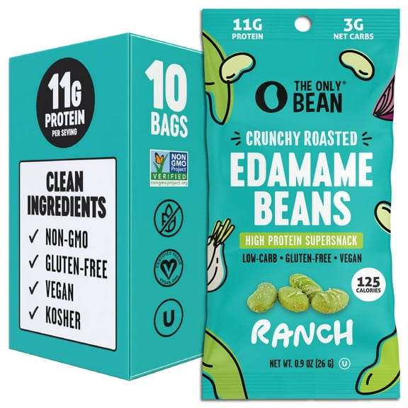The Only Bean High Protein Snacks, Healthy Snacks for Adults and Kids, Vegan and Low Carb Snacks, Individual Gluten Free Keto Snacks - Edamame Beans Snack (Ranch) - 0.9oz (Pack of 10)
