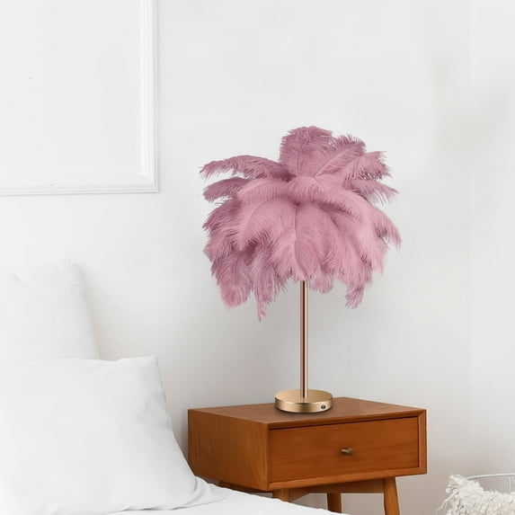 Bean Paste Pink Feather Table Lamp with One-touch Switch Bedside Table Lamp