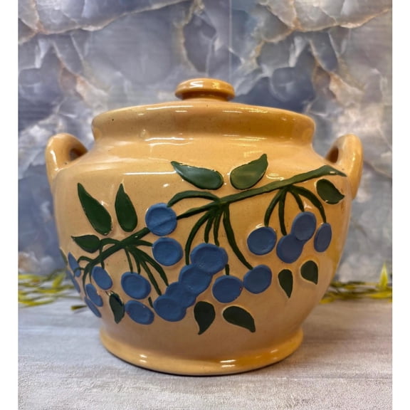 Bean Pot, Cookie Jar With Hand Painted Blueberries, Large Food Storage Container for Candy, Cookies, Dessert, Farmhouse Kitchen Decor and Accessories
